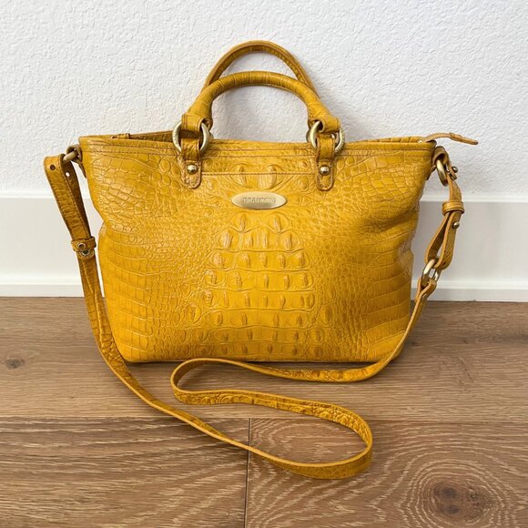 Vintage Brahmin Handbag Purse Crossbody Yellow Mini Arlo Leather Croc Gold - Picture 1 of 14